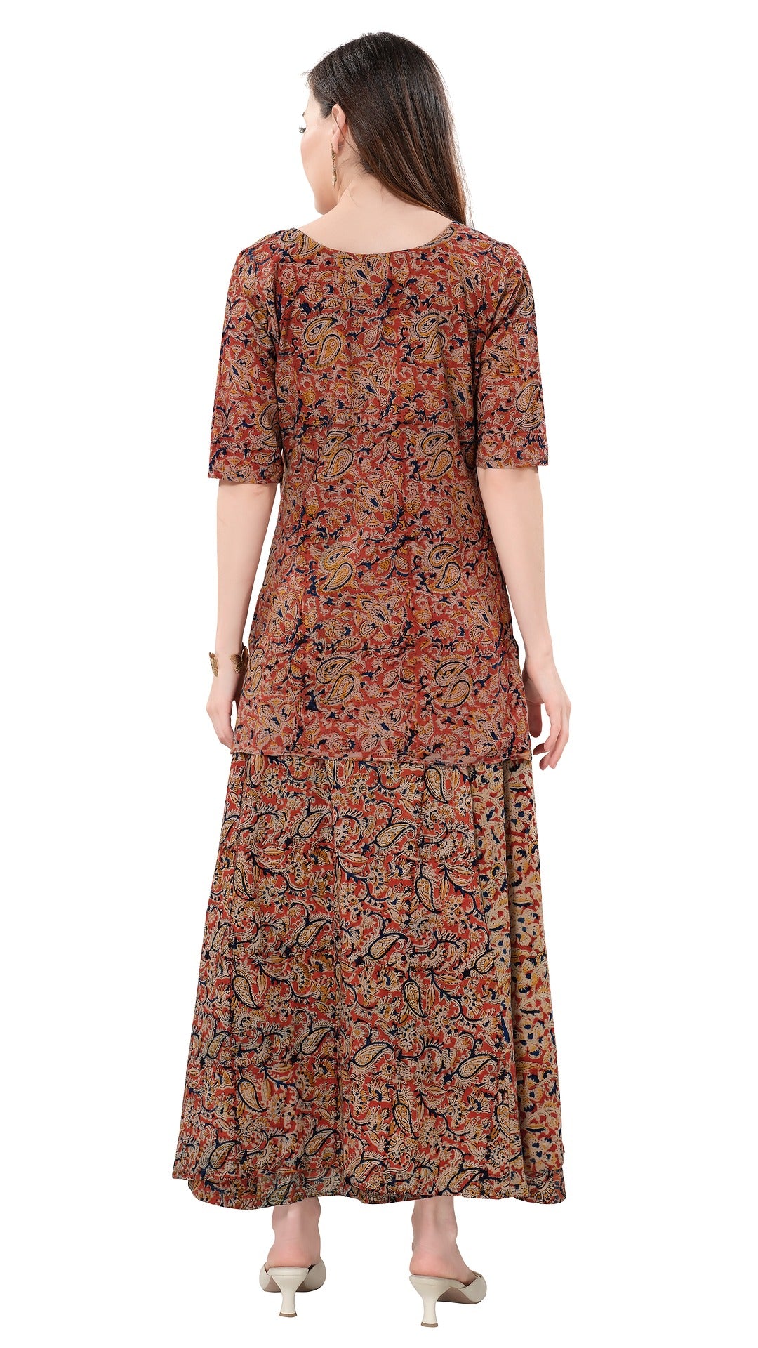 Owlsky Women’s Wrap Around Pure Cotton Ajrakh Print Skirt and Top – Handcrafted Print Ethnic Set for Casual, Festive & Summer Wear Brown