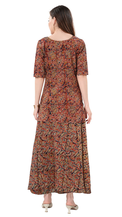 Owlsky Women’s Wrap Around Pure Cotton Ajrakh Print Skirt and Top – Handcrafted Print Ethnic Set for Casual, Festive & Summer Wear Brown