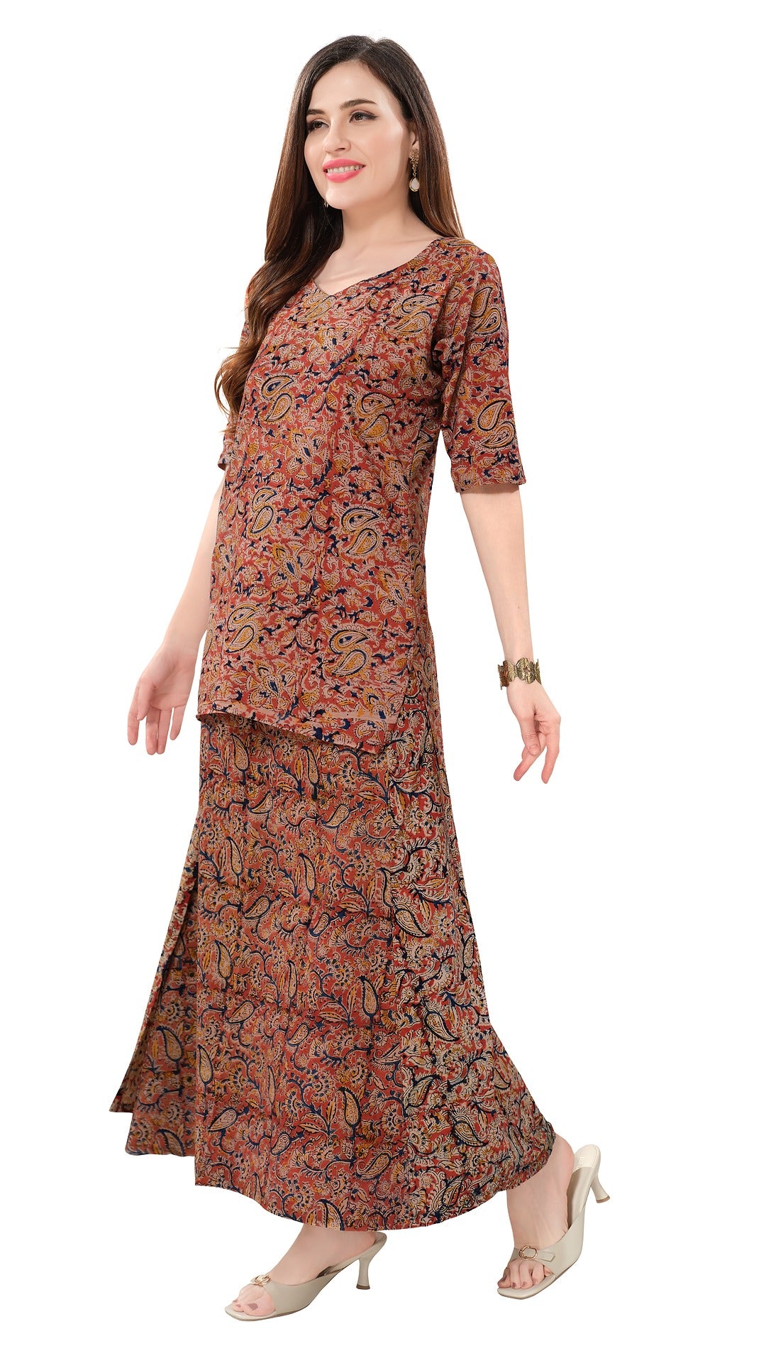 Owlsky Women’s Wrap Around Pure Cotton Ajrakh Print Skirt and Top – Handcrafted Print Ethnic Set for Casual, Festive & Summer Wear Brown