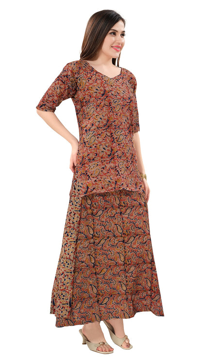 Owlsky Women’s Wrap Around Pure Cotton Ajrakh Print Skirt and Top – Handcrafted Print Ethnic Set for Casual, Festive & Summer Wear Brown