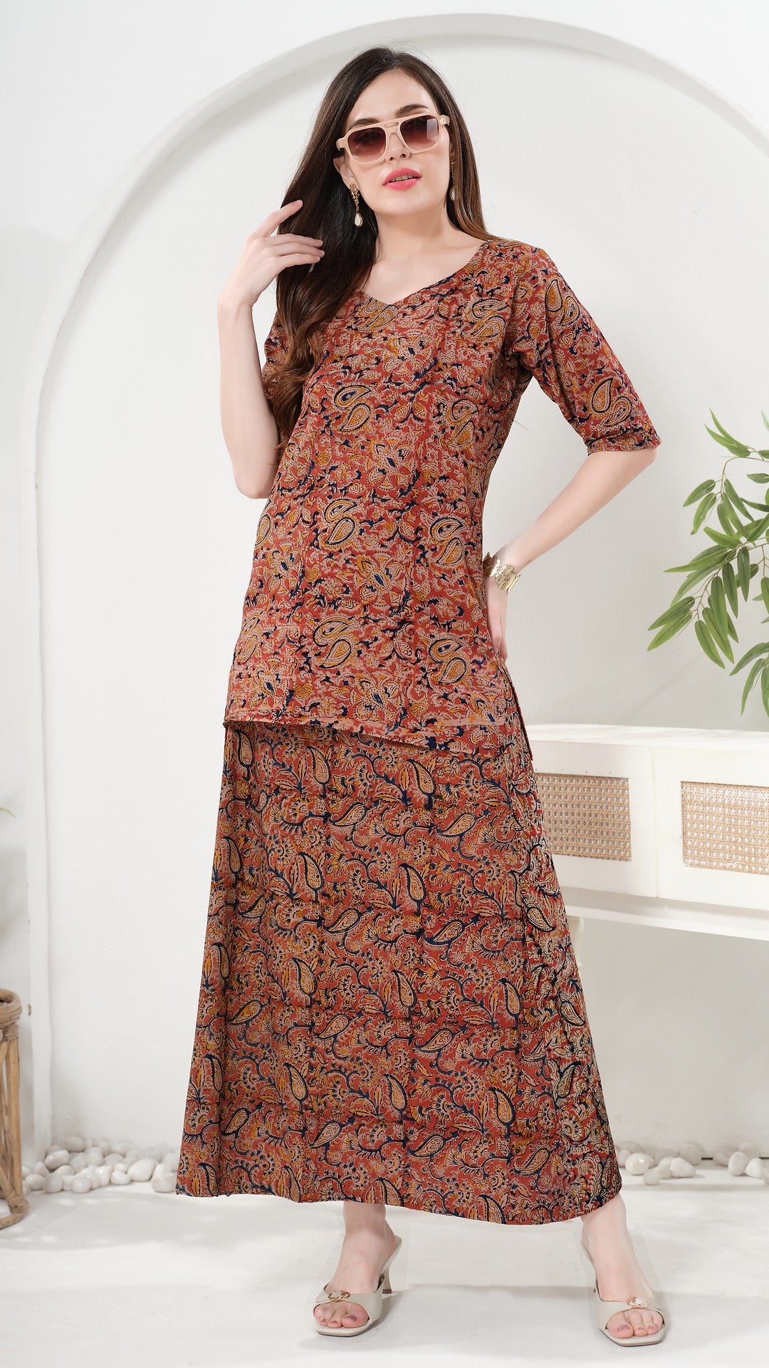 Owlsky Women’s Wrap Around Pure Cotton Ajrakh Print Skirt and Top – Handcrafted Print Ethnic Set for Casual, Festive & Summer Wear Brown