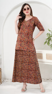 Owlsky Women’s Wrap Around Pure Cotton Ajrakh Print Skirt and Top – Handcrafted Print Ethnic Set for Casual, Festive & Summer Wear Brown