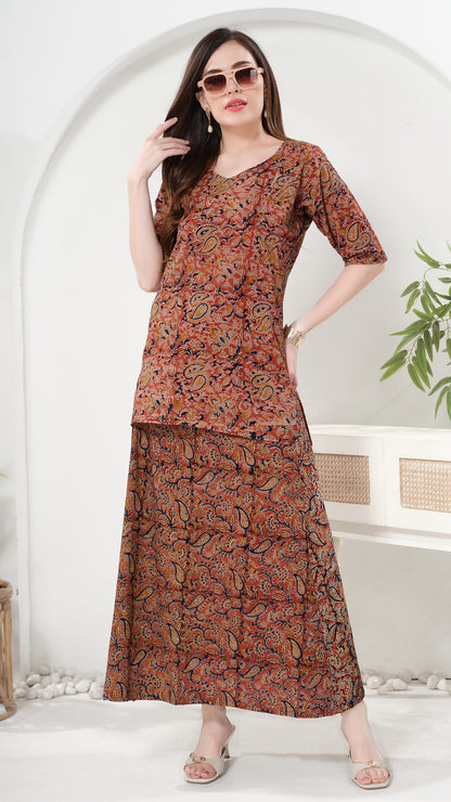 Owlsky Women’s Wrap Around Pure Cotton Ajrakh Print Skirt and Top – Handcrafted Print Ethnic Set for Casual, Festive & Summer Wear Brown