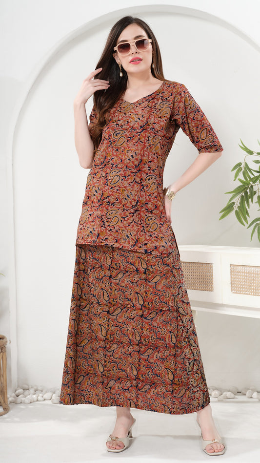 Owlsky Women’s Wrap Around Pure Cotton Ajrakh Print Skirt and Top – Handcrafted Print Ethnic Set for Casual, Festive & Summer Wear Brown