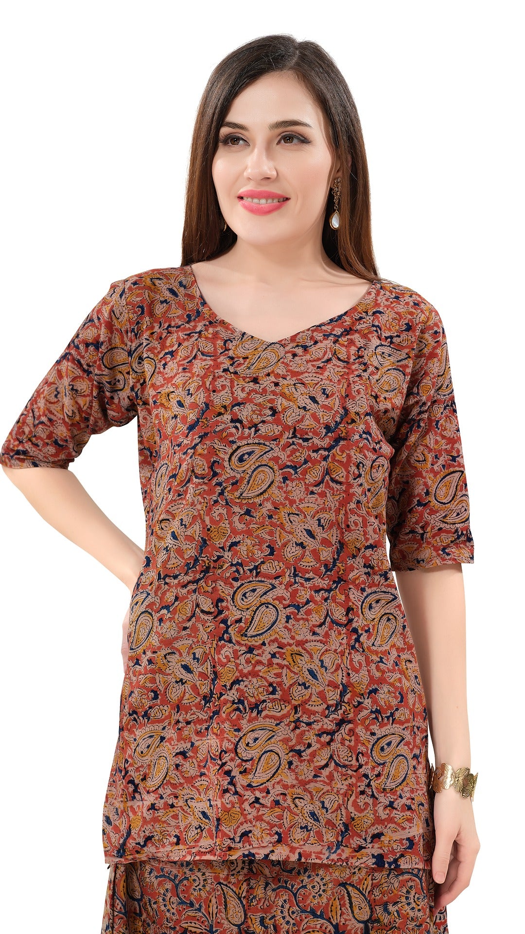 Owlsky Women’s Wrap Around Pure Cotton Ajrakh Print Skirt and Top – Handcrafted Print Ethnic Set for Casual, Festive & Summer Wear Brown