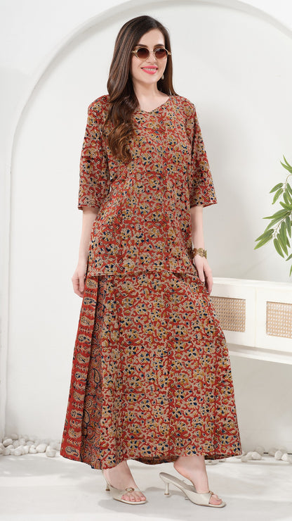 Owlsky Women’s Wrap Around Pure Cotton Ajrakh Print Skirt and Top – Handcrafted Print Ethnic Set for Casual, Festive & Summer Wear Brown