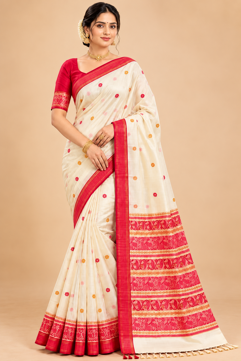 OWLSKY, SASSY & STYLO Women's Premium Handloom Mulcotton Saree | Ivory Cream Baluchari Jamdani Inspired Floral Buti Design with Rani Pink Border | Traditional Festive Ethnic Wear