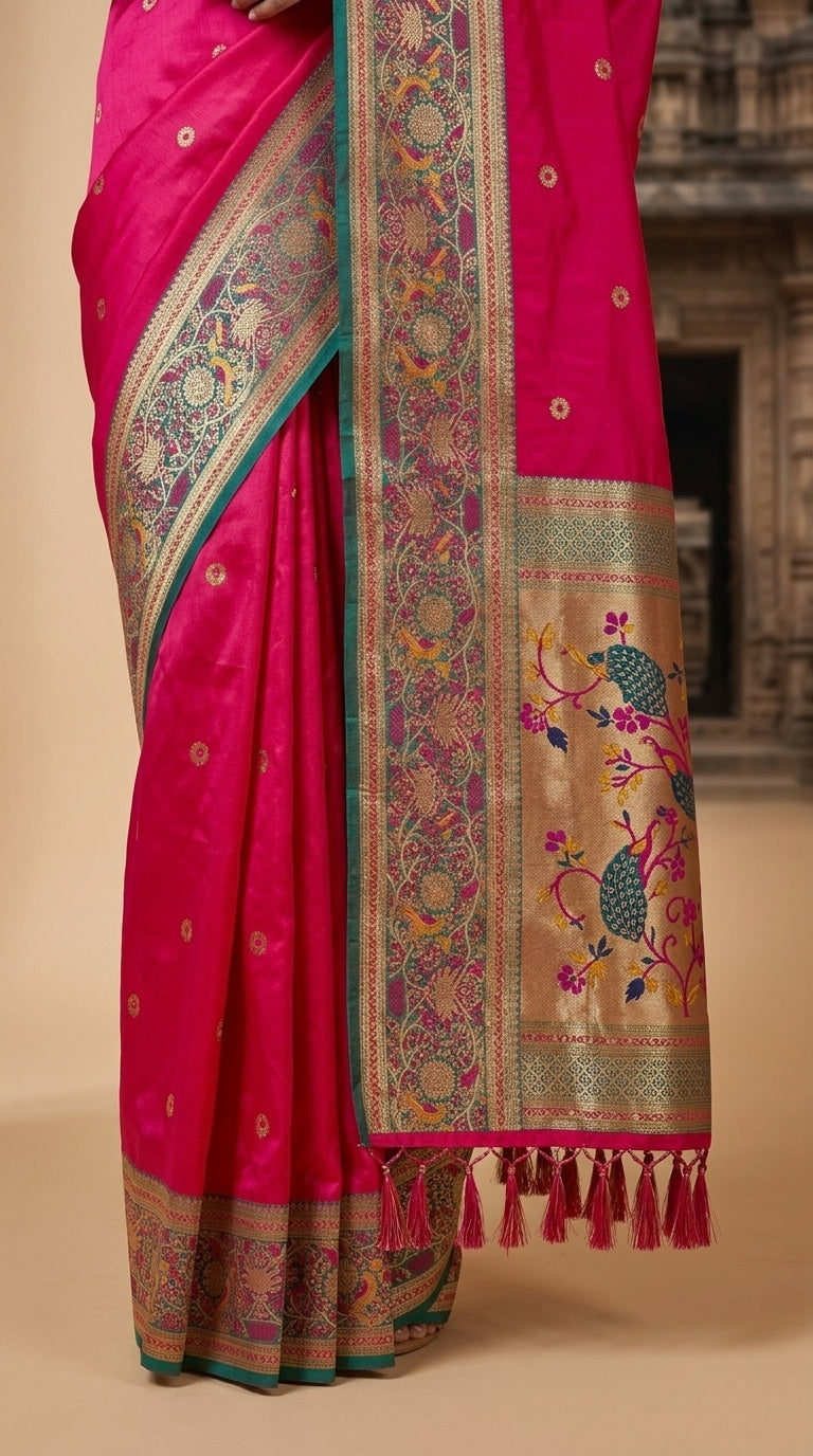 Premium Soft Paithani Silk Saree for Women with Meenakari Zari Weaving, Rich Peacock Pallu, Floral Border & Silk Brocade Blouse