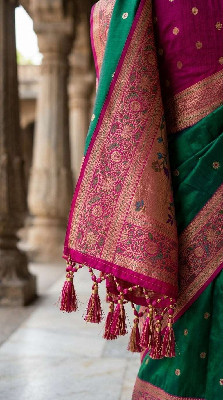 Premium Soft Paithani Silk Saree for Women with Meenakari Zari Weaving, Rich Peacock Pallu, Floral Border & Silk Brocade Blouse