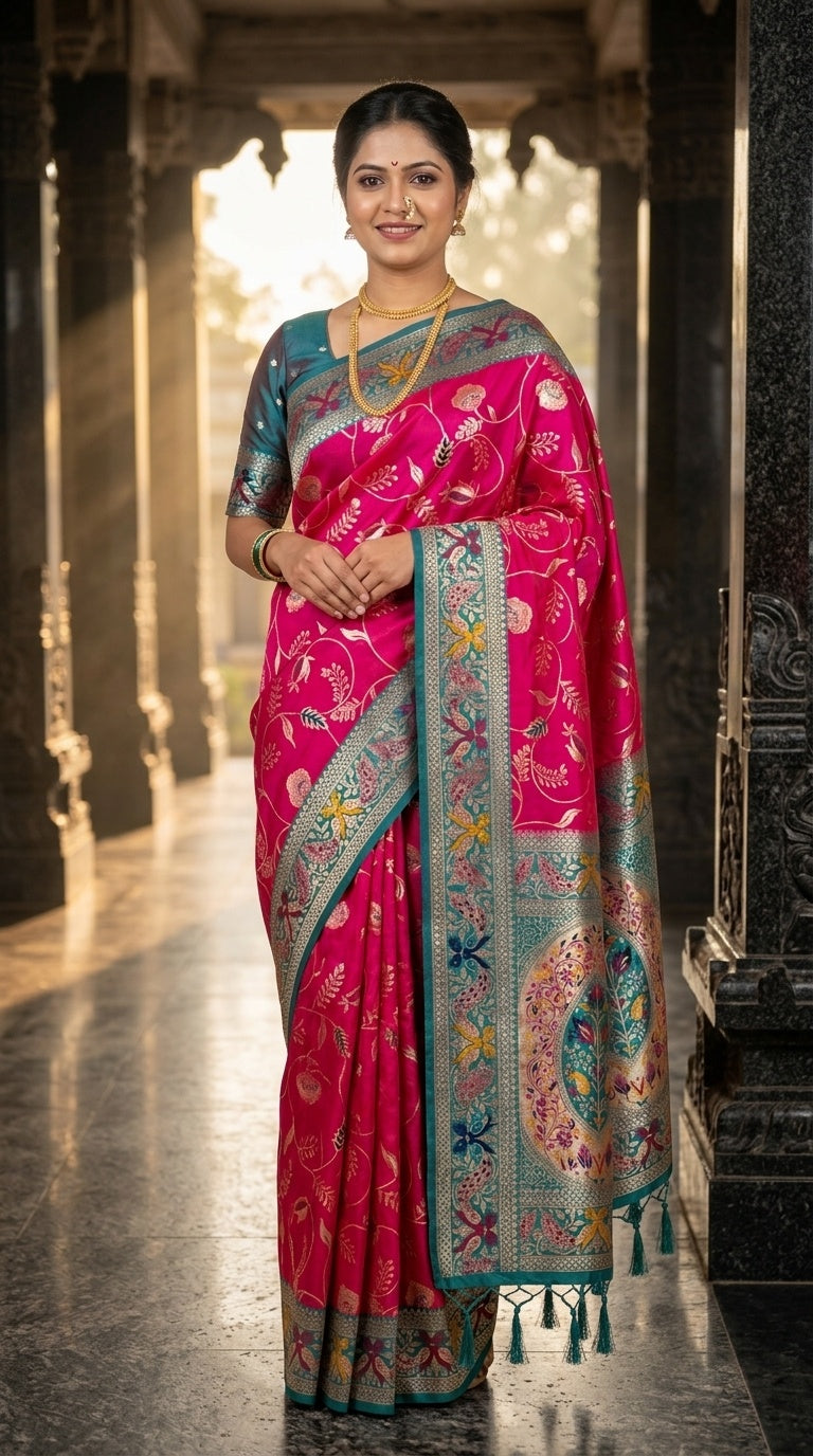 PREMIUM Soft Paithani Silk Saree for Women with Meenakari Zari Weaving, Rich Peacock Pallu, Floral Border & Tassels with Brocade Blouse