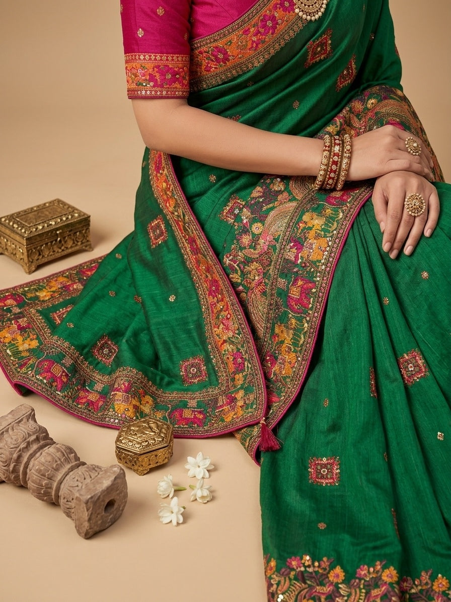 OWLSKY, SASSY & STYLO Women's Pure Rajwadi Pashmina Silk Woven Saree with Kashmiri Thread Woven Pallu | Heavy Zari Elephant Border, Running Butti, Handmade Tassels | Contrast Unstitched Blouse