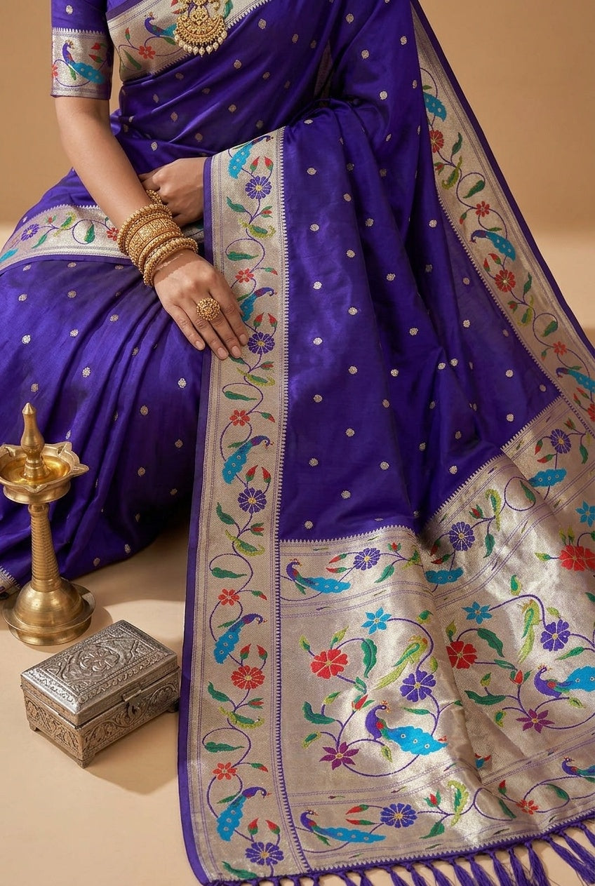 OWLSKY, SASSY & STYLO Women's Paithani Silk Saree with Zari Motif Design| Meenakari Rich Pallu with Tessels Attched | Peacock Floral Border | Traditional Festive Saree with Silk Blouse Piece
