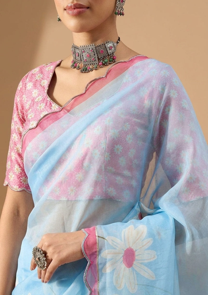 OWLSKY, SASSY & STYLO Women's Premium Soft Organza Floral Printed Saree with Scallop Border | Lightweight Organza Saree with Unstitched Blouse Piece