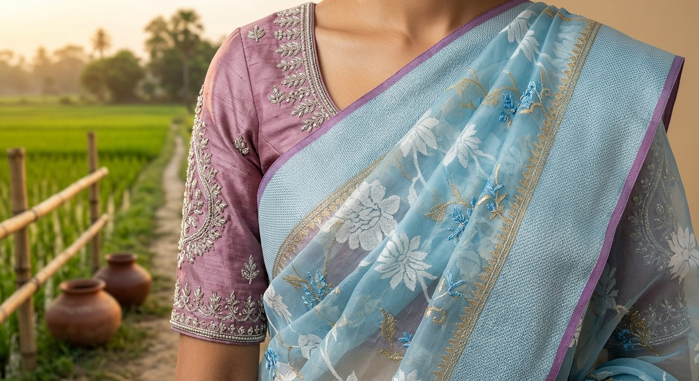 OWLSKY, SASSY & STYLO Women's Premium Soft Organza Floral Printed Saree with Scallop Border | Lightweight Organza Saree with Unstitched Blouse Piece