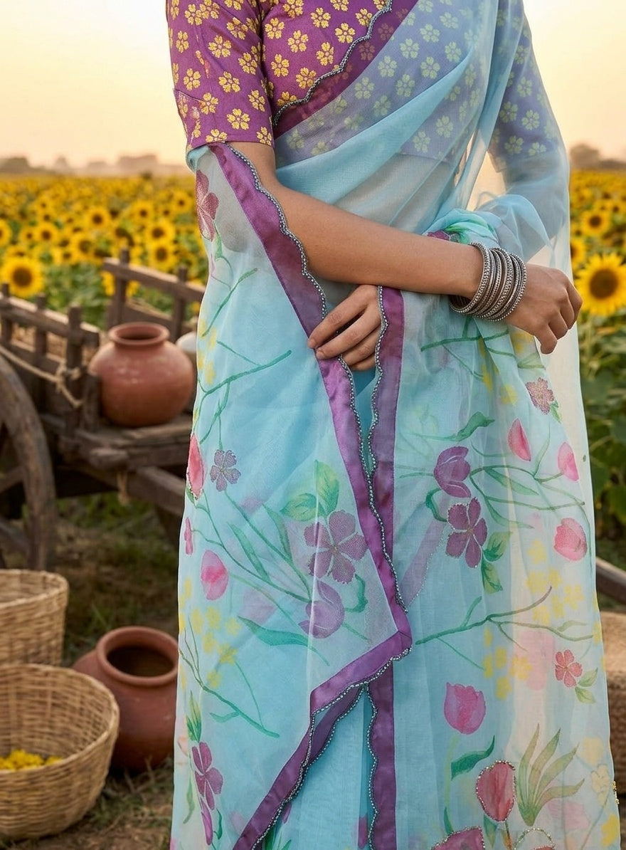 OWLSKY, SASSY & STYLO Women's Premium Soft Organza Floral Printed Saree with Scallop Border | Lightweight Organza Saree with Unstitched Blouse Piece