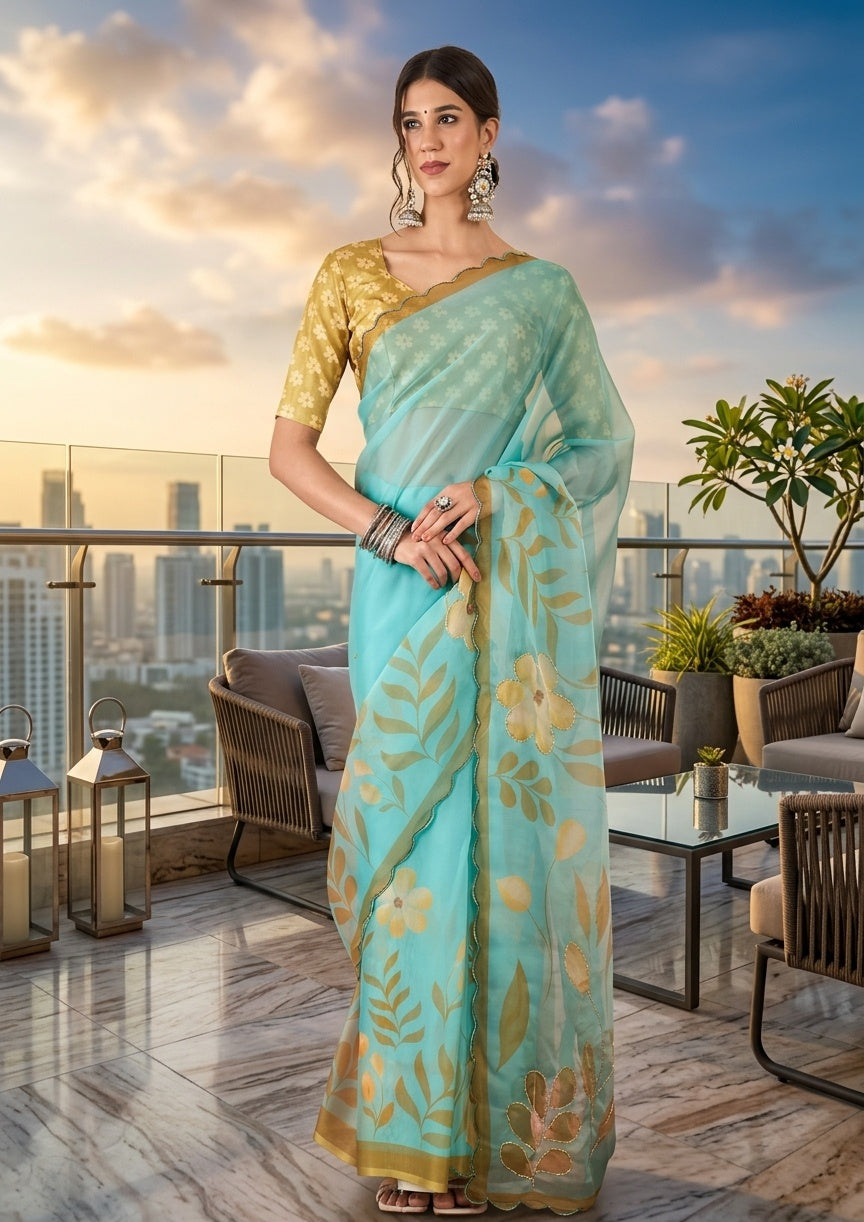 OWLSKY, SASSY & STYLO Women's Premium Soft Organza Floral Printed Saree with Scallop Border | Lightweight Organza Saree with Unstitched Blouse Piece