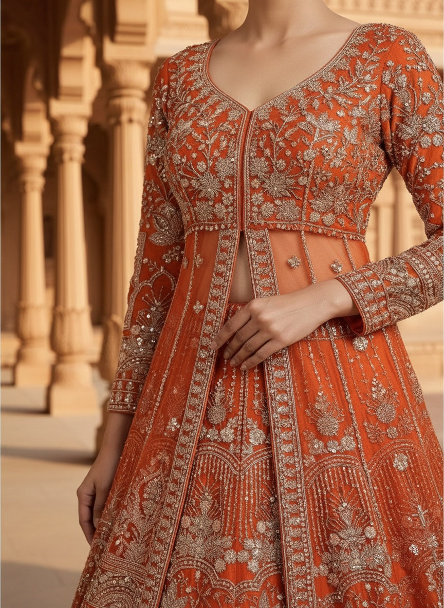 Women’s Orange Embroidered Bridal Lehenga Choli with Dupatta | Designer Wedding & Reception Wear Ethnic Lehenga Set