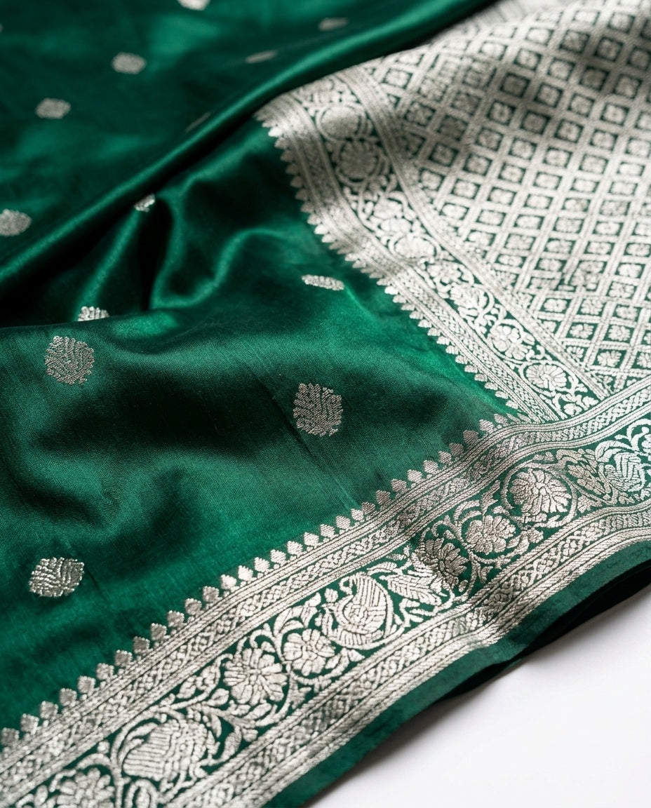 OWLSKY, SASSY & STYLO Women's Handloom Pure Banarasi Silk Saree with Jacquard Woven Floral/Paisley Butti with Rich Contrast Zari Border & Grand Rich Designer Woven Pallu