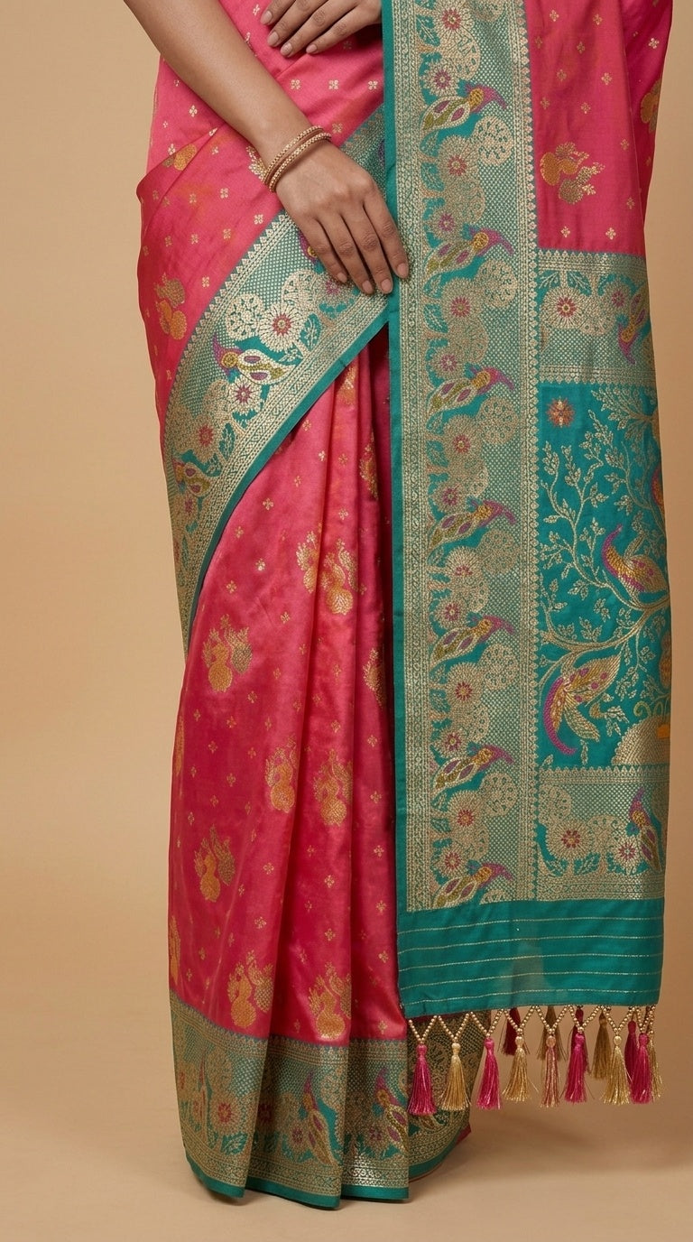 Premium Soft Paithani Silk Saree for Women with Meenakari Zari Weaving, Peacock Pallu, Rich Floral Border & Brocade Blouse