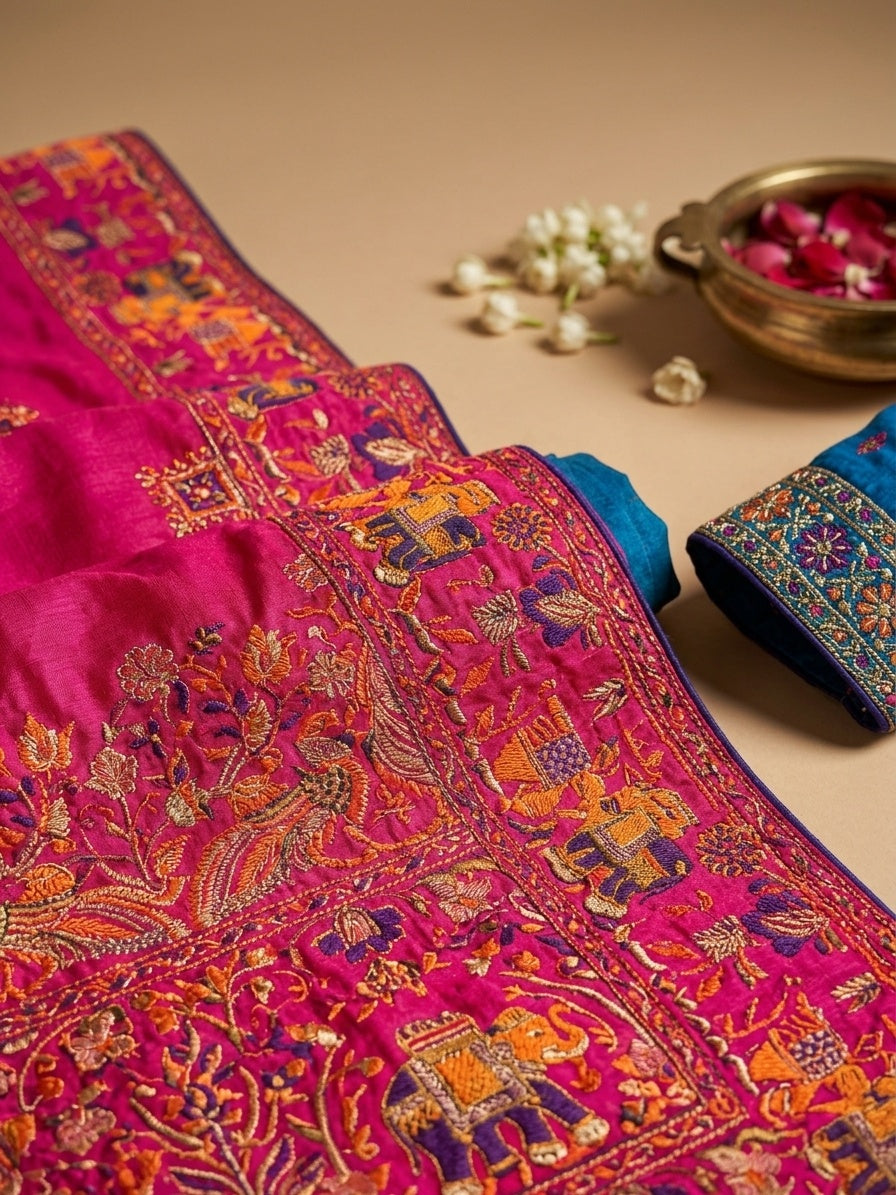 OWLSKY, SASSY & STYLO Women's Pure Rajwadi Pashmina Silk Woven Saree with Kashmiri Thread Woven Pallu | Heavy Zari Elephant Border, Running Butti, Handmade Tassels | Contrast Unstitched Blouse