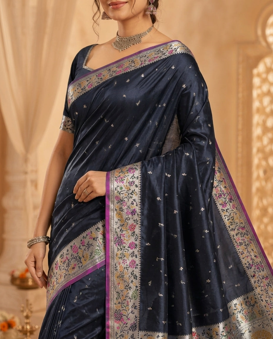 OWLSKY, SASSY & STYLO Women's Handloom Pure Banarasi Silk Saree with Jacquard Woven Floral/Paisley Butti with Rich Contrast Zari Border & Grand Rich Designer Woven Pallu