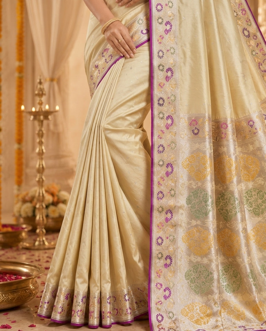 OWLSKY, SASSY & STYLO Women's Handloom Pure Banarasi Silk Saree with Jacquard Woven Floral/Paisley Butti with Rich Contrast Zari Border & Grand Rich Designer Woven Pallu