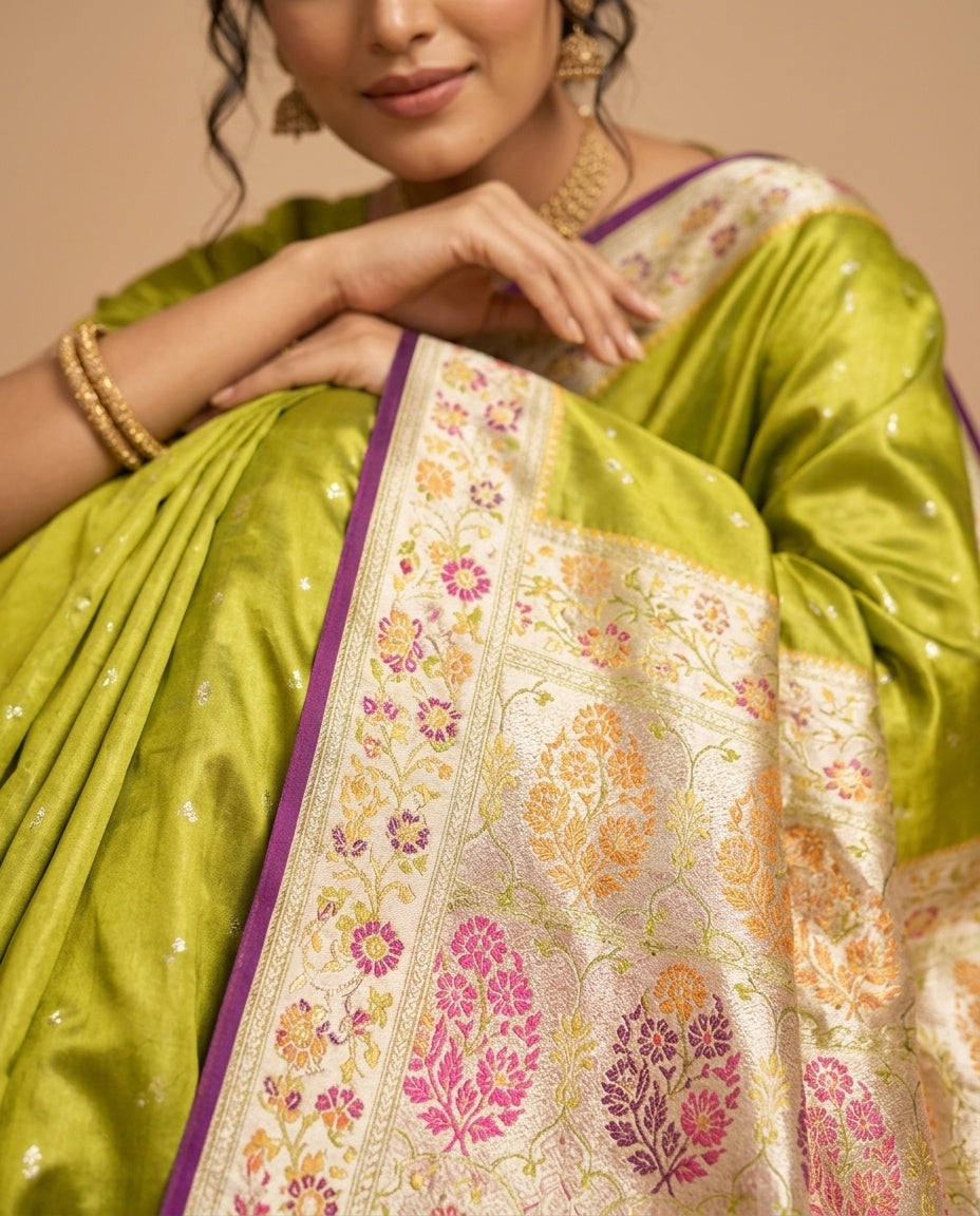 OWLSKY, SASSY & STYLO Women's Handloom Pure Banarasi Silk Saree with Jacquard Woven Floral/Paisley Butti with Rich Contrast Zari Border & Grand Rich Designer Woven Pallu
