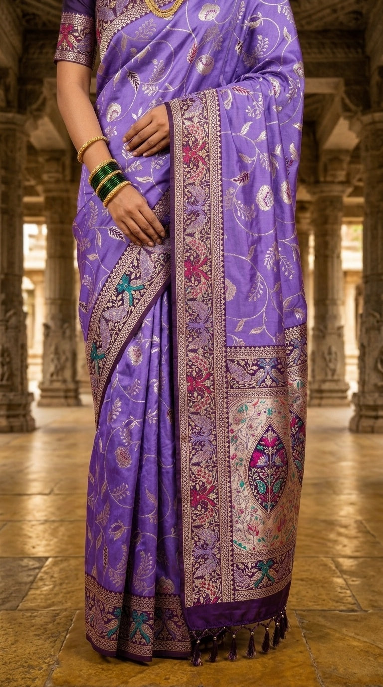 PREMIUM Soft Paithani Silk Saree for Women with Meenakari Zari Weaving, Rich Peacock Pallu, Floral Border & Tassels with Brocade Blouse