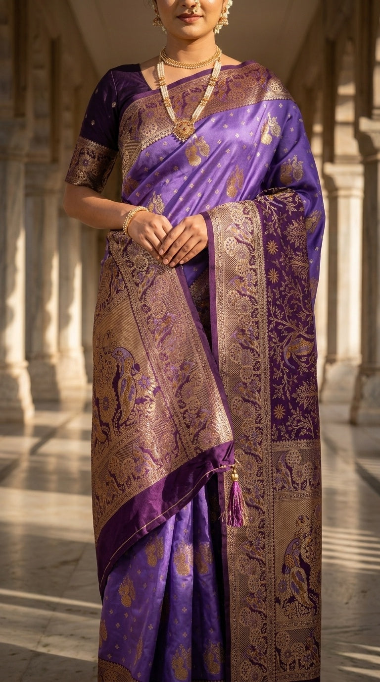 Premium Soft Paithani Silk Saree for Women with Meenakari Zari Weaving, Peacock Pallu, Rich Floral Border & Brocade Blouse