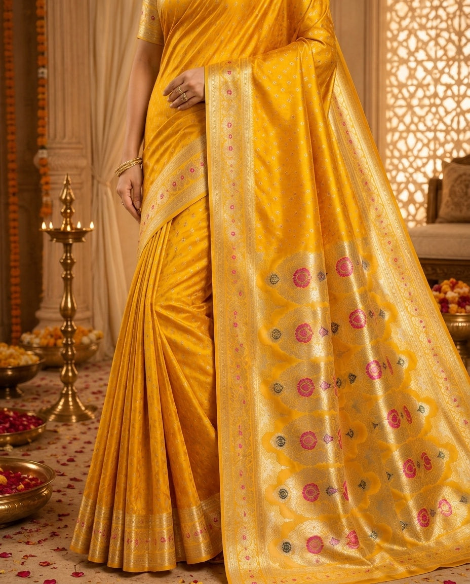 OWLSKY, SASSY & STYLO Women's Handloom Pure Banarasi Silk Saree with Jacquard Woven Floral/Paisley Butti with Rich Contrast Zari Border & Grand Rich Designer Woven Pallu