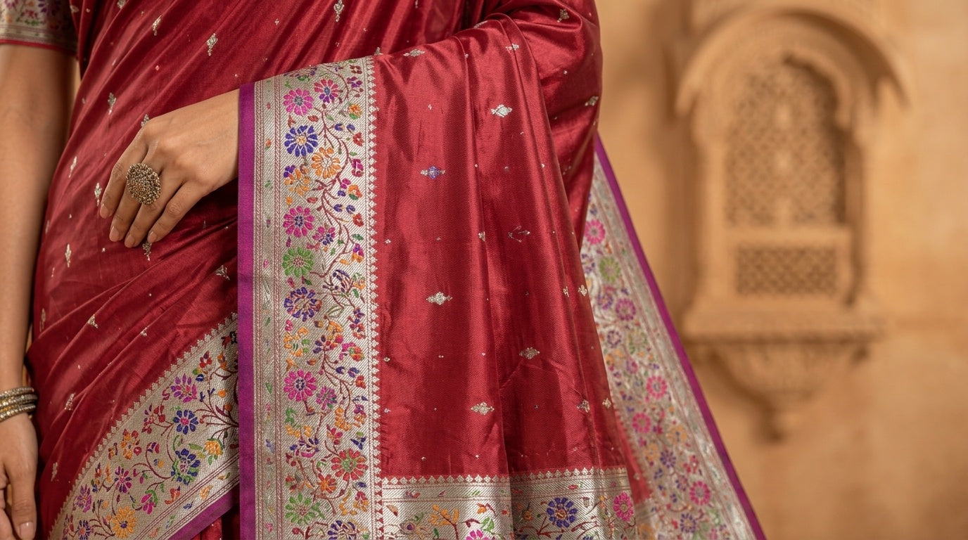 OWLSKY, SASSY & STYLO Women's Handloom Pure Banarasi Silk Saree with Jacquard Woven Floral/Paisley Butti with Rich Contrast Zari Border & Grand Rich Designer Woven Pallu