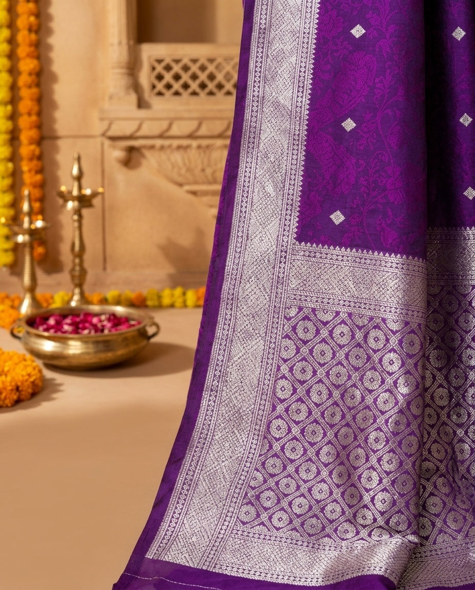 OWLSKY, SASSY & STYLO Women's Handloom Pure Banarasi Silk Saree with Jacquard Woven Floral/Paisley Butti with Rich Contrast Zari Border & Grand Rich Designer Woven Pallu