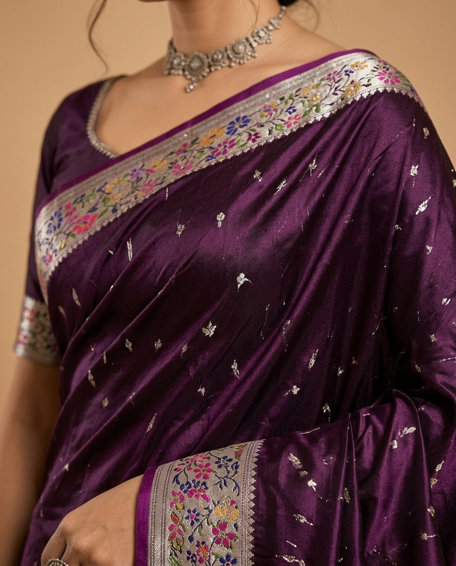 OWLSKY, SASSY & STYLO Women's Handloom Pure Banarasi Silk Saree with Jacquard Woven Floral/Paisley Butti with Rich Contrast Zari Border & Grand Rich Designer Woven Pallu