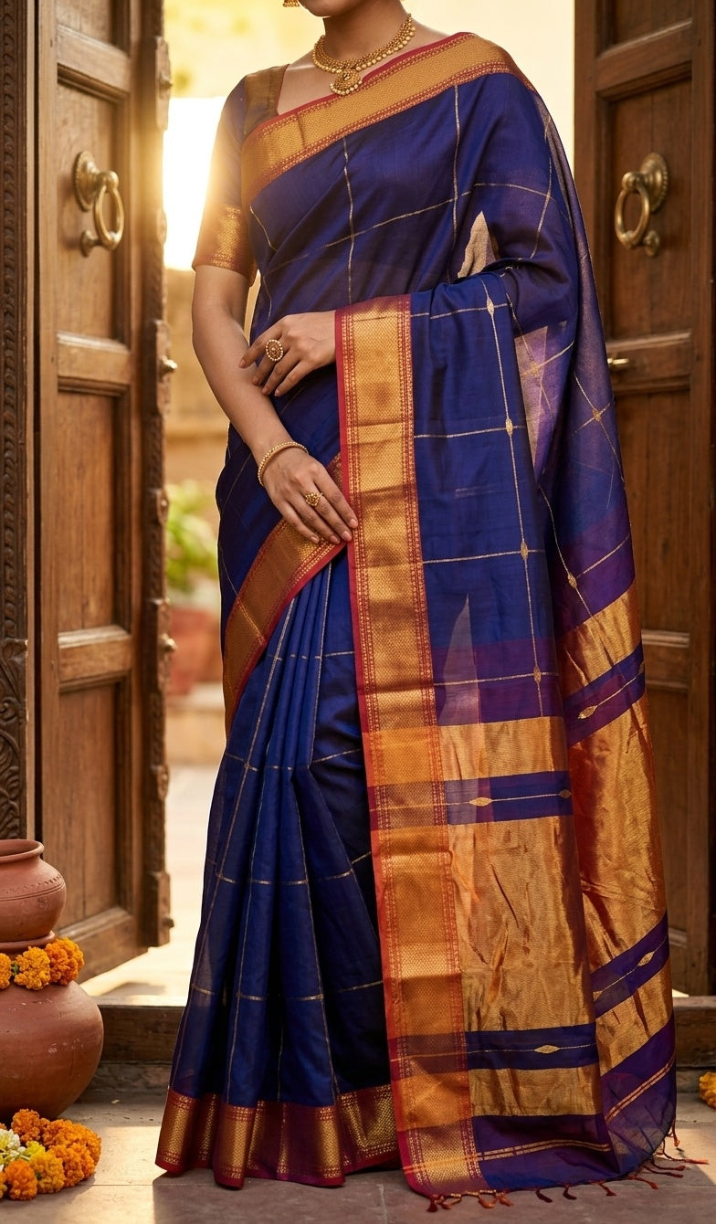 OWLSKY, SASSY & STYLO Women's Handloom Maheshwari Silk Saree with Traditional Zari Border | Premium Woven Silk Saree with Rich Pallu & Running Blouse | Designer Ethnic Saree for Wedding, Festival