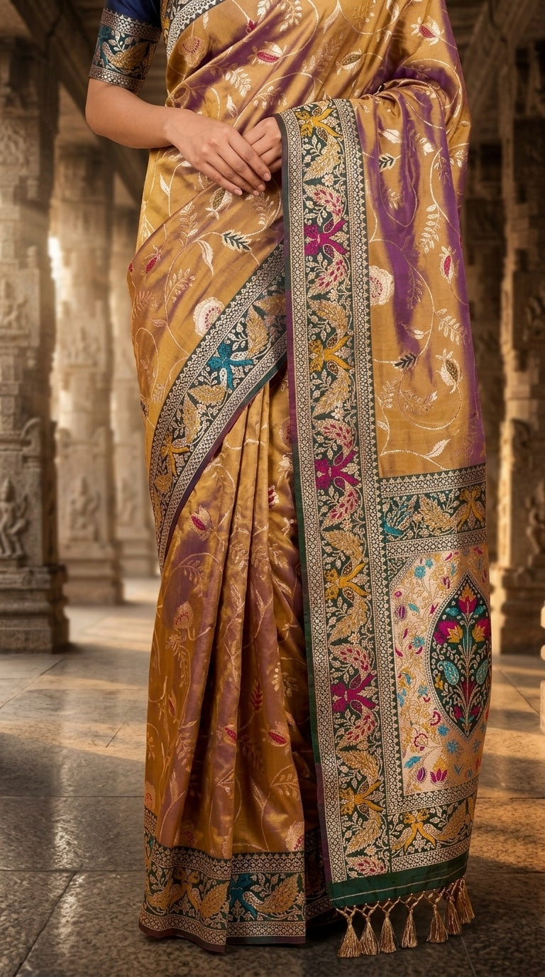 PREMIUM Soft Paithani Silk Saree for Women with Meenakari Zari Weaving, Rich Peacock Pallu, Floral Border & Tassels with Brocade Blouse