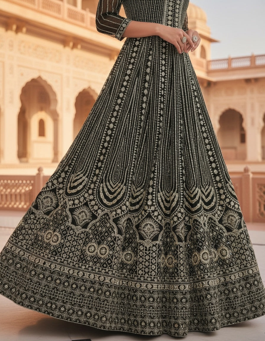 Women’s Black Embroidered Anarkali Gown | Designer Ethnic Floor-Length Dress for Wedding & Festive Wear