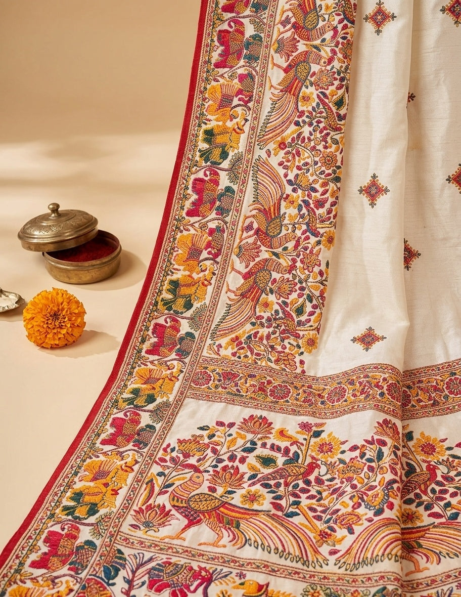 OWLSKY, SASSY & STYLO Women's Pure Rajwadi Pashmina Silk Woven Saree with Kashmiri Thread Woven Pallu | Heavy Zari Elephant Border, Running Butti, Handmade Tassels | Contrast Unstitched Blouse