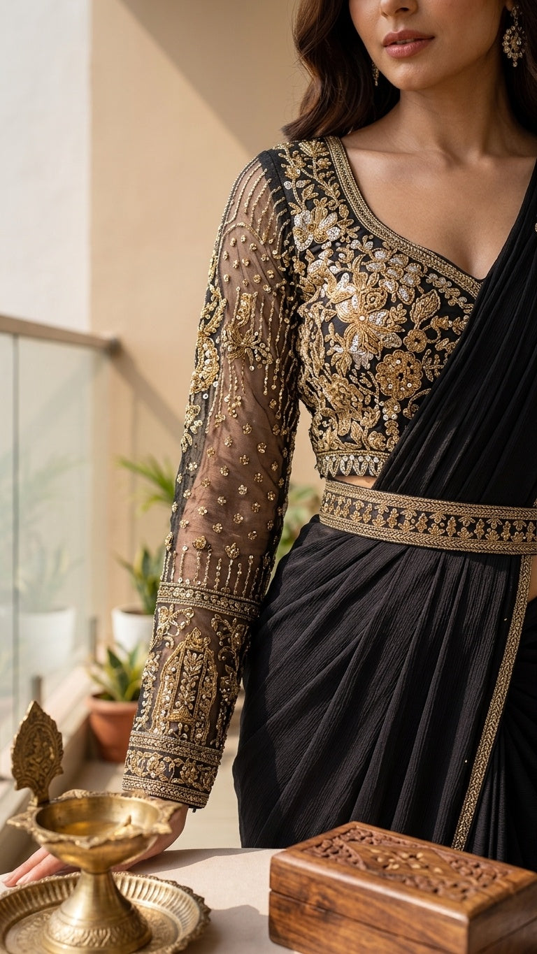 OWLSKY, SASSY & STYLO Women's Ready to Wear Imported Lycra Saree with Heavy Beads Work Designer Stitched Blouse | Pre Draped Saree | Stretch Lycra Saree