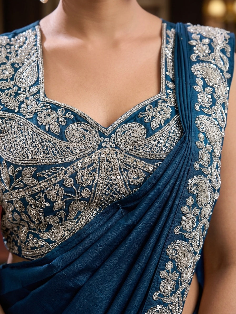 Teal Blue 1 with Silver Embroidery