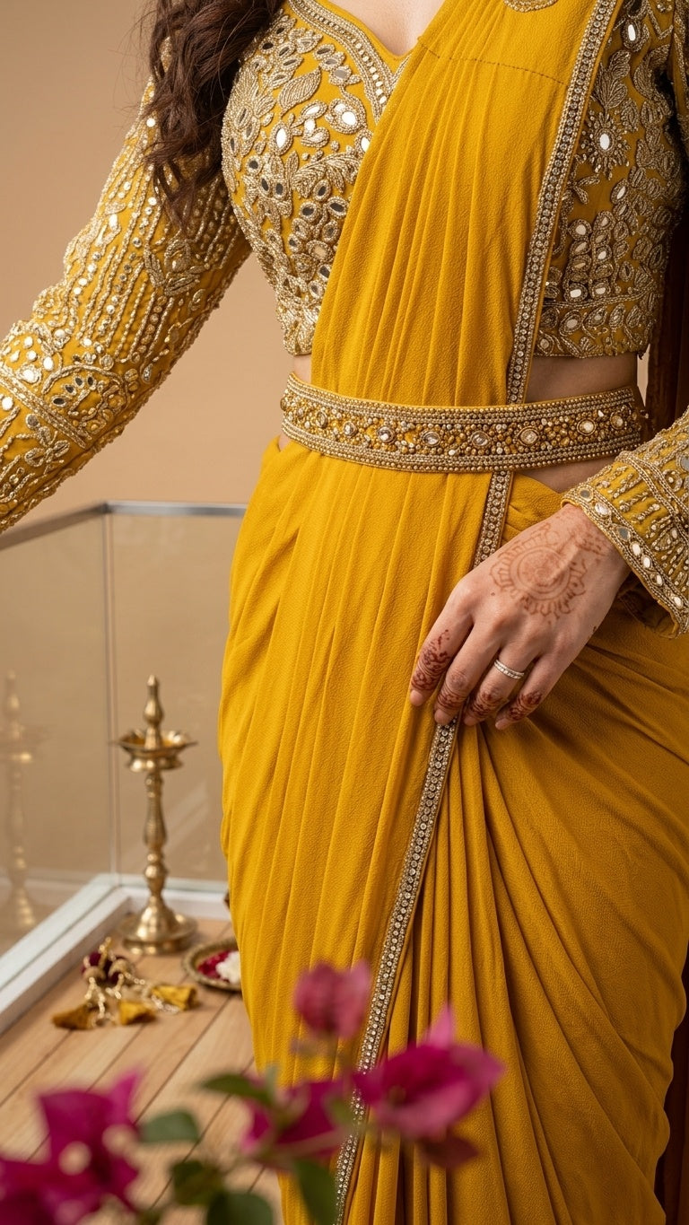 OWLSKY, SASSY & STYLO Women's Ready to Wear Imported Lycra Saree with Heavy Beads Work Designer Stitched Blouse | Pre Draped Saree | Stretch Lycra Saree