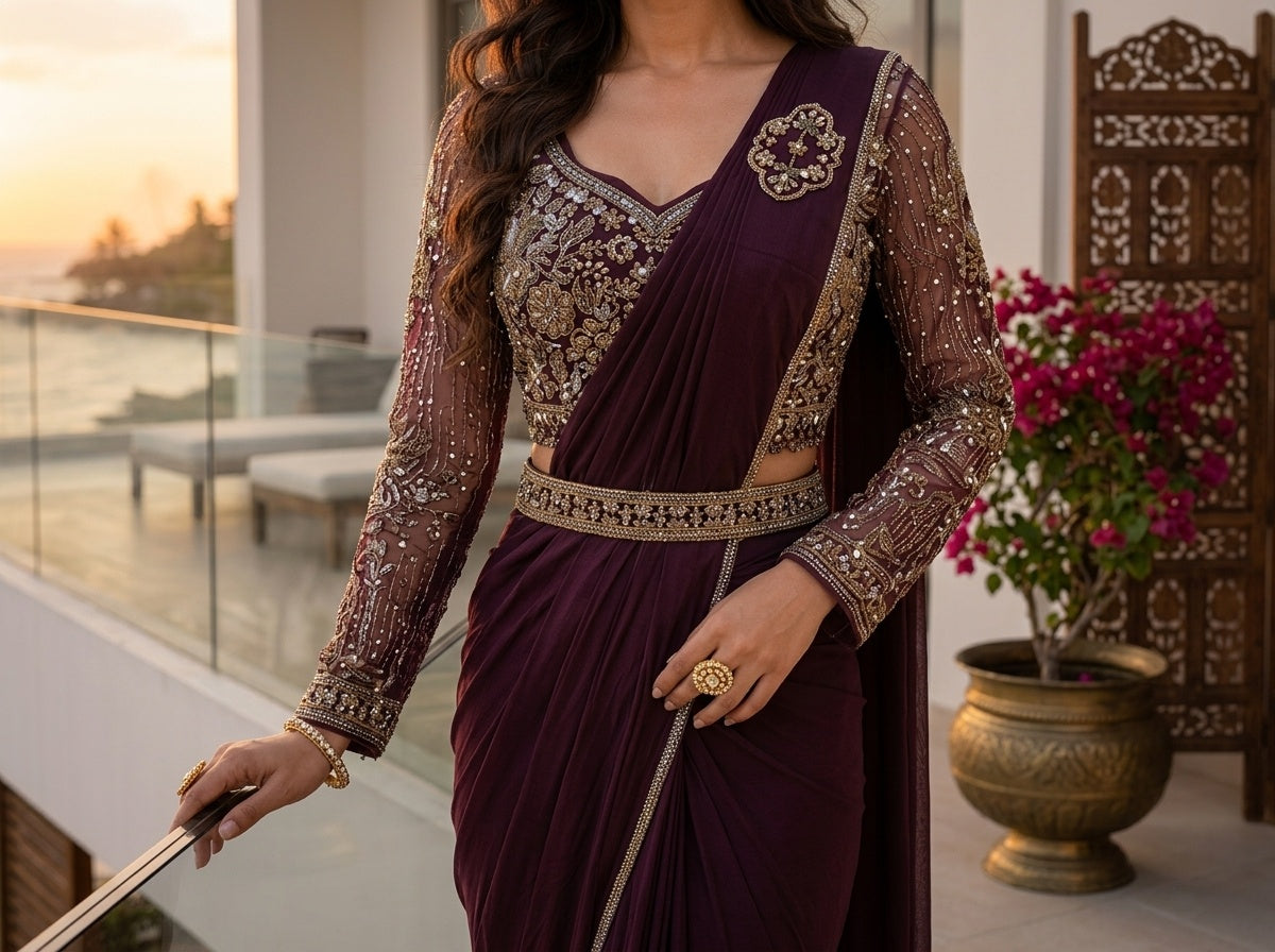 OWLSKY, SASSY & STYLO Women's Ready to Wear Imported Lycra Saree with Heavy Beads Work Designer Stitched Blouse | Pre Draped Saree | Stretch Lycra Saree