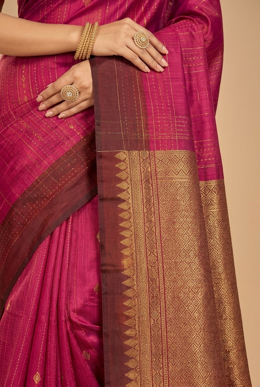 OWLSKY, SASSY & STYLO Pure Silk Kanjivaram Handloom Saree in Dark Rani Pink/Majenta with Antique Gold Zari Border & Rich Contrast Pallu | Traditional Kanchipuram Silk Saree for Women