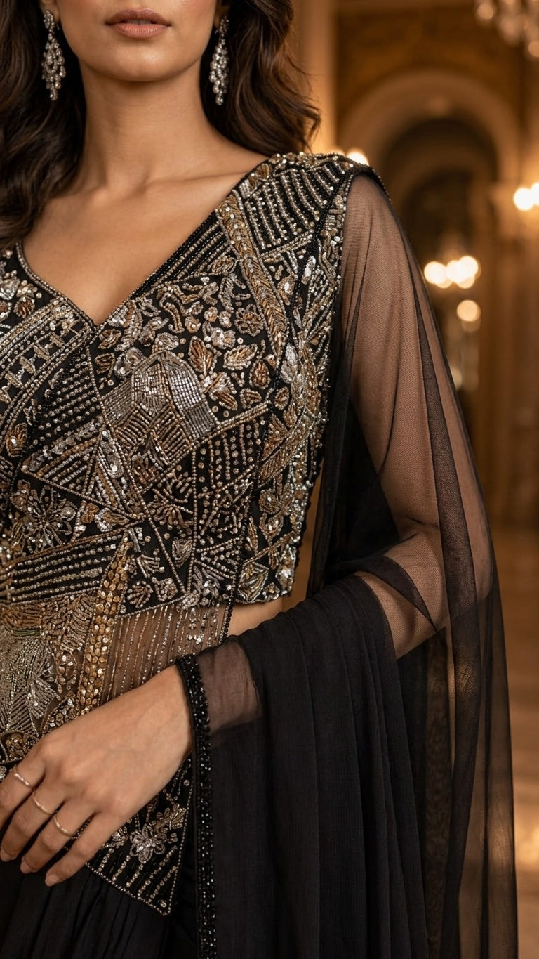 OWLSKY, SASSY & STYLO Women's Ready to Wear Imported Lycra Saree with Heavy Beads Work Blouse | Designer Pre Stitched Saree with Embellished Blouse