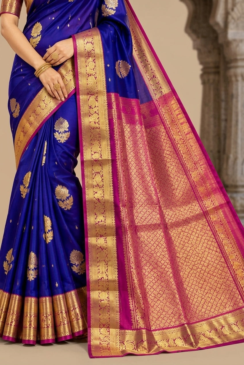 OWLSKY, SASSY & STYLO Royal Blue Pure Silk Kanjivaram Handloom Saree with Gold Zari Buttas & Magenta Contrast Pallu | Traditional Kanchipuram Silk Saree for Women