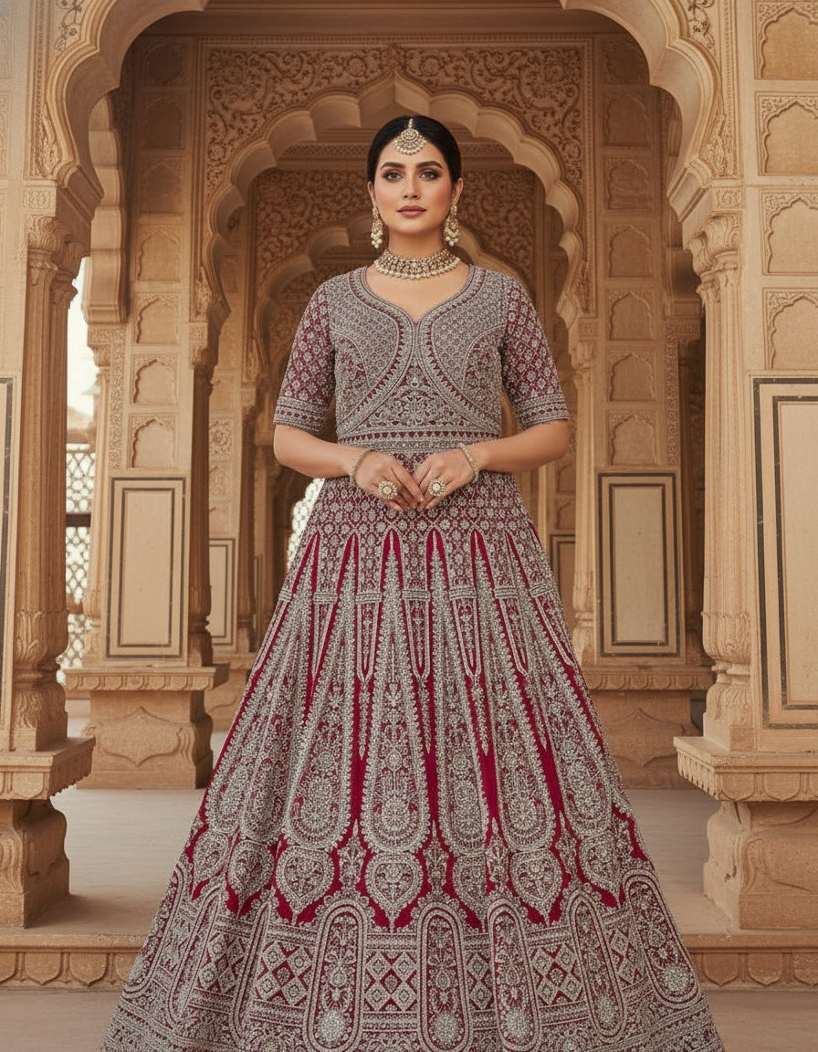 Women’s Georgette Embroidered Siroski Long Gown with Dupatta | Designer Wedding & Bridal Party Wear Ethnic Gown