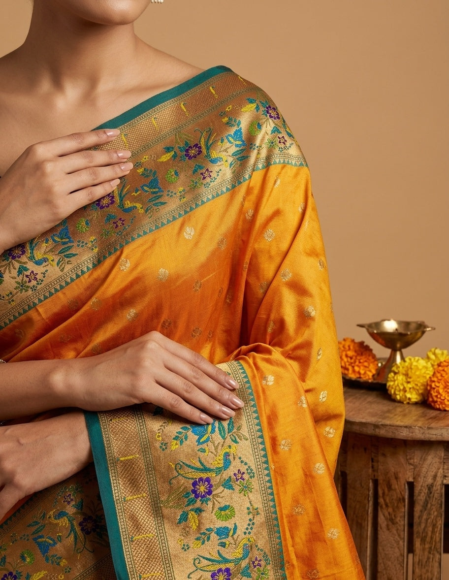 OWLSKY, SASSY & STYLO Women's Paithani Art Silk Saree with Zari Meenakari Weaving | Peacock Motif Pallu Tassels Attched | Traditional Festive Designer Saree with Brocade Blouse Piece