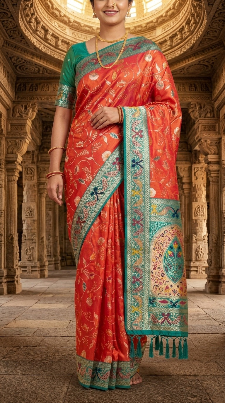 PREMIUM Soft Paithani Silk Saree for Women with Meenakari Zari Weaving, Rich Peacock Pallu, Floral Border & Tassels with Brocade Blouse