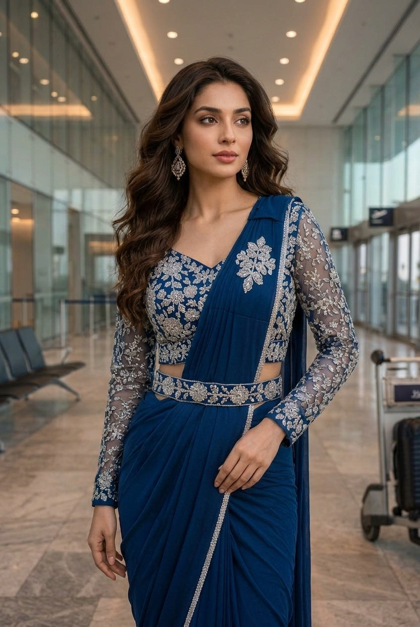 Navy Blue with Silver Embroidery