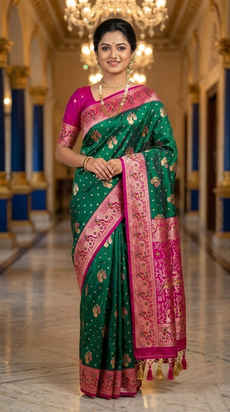 Premium Soft Paithani Silk Saree for Women with Meenakari Zari Weaving, Peacock Pallu, Rich Floral Border & Brocade Blouse