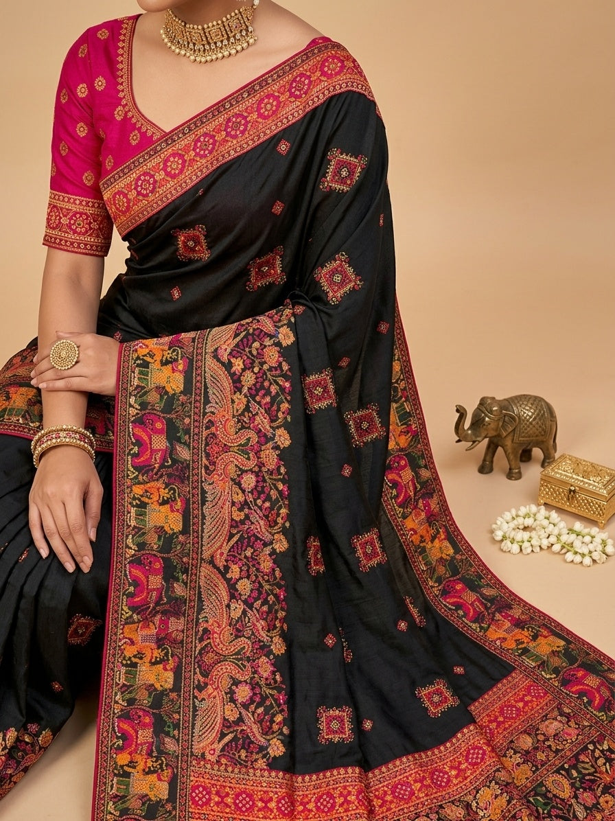 OWLSKY, SASSY & STYLO Women's Pure Rajwadi Pashmina Silk Woven Saree with Kashmiri Thread Woven Pallu | Heavy Zari Elephant Border, Running Butti, Handmade Tassels | Contrast Unstitched Blouse